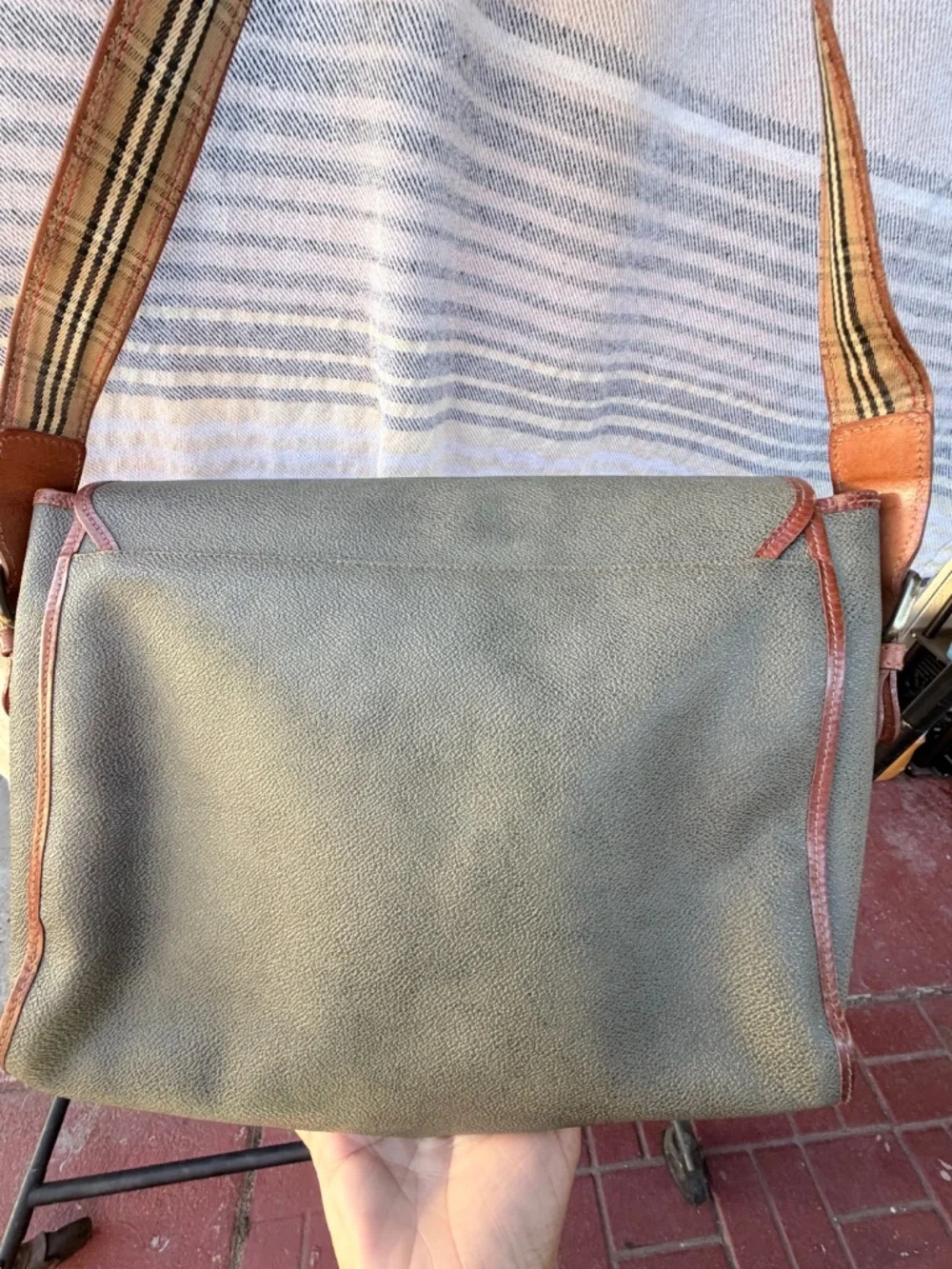 Vintage Burberrys Coated Canvas Messenger Crossbody Bag- OliveGrey